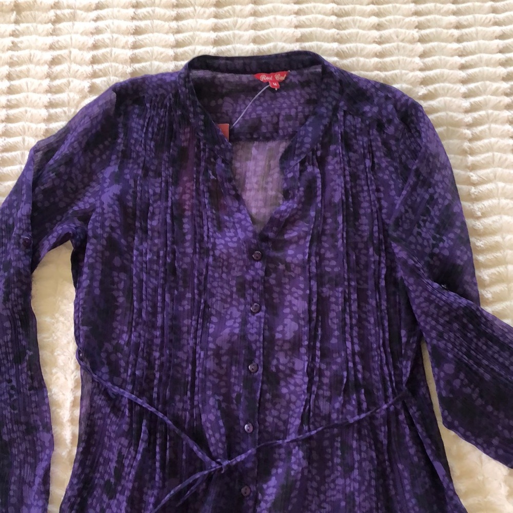 Lightweight purple button down blouse with tie